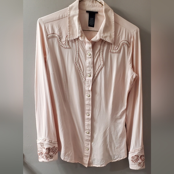 Wrangler Retro Light Pink Western Shirt With Embroidery And Pearl Buttons. Sz S - Picture 4 of 6